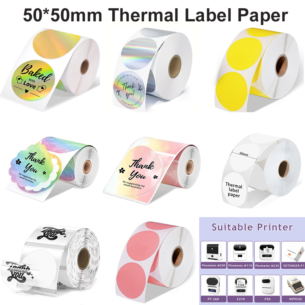 Commercial Printing Machine - 1 ม้วนรอบวงกลมกระดาษความร้อน 50x50 มม.ป้ายสติกเกอร์ขนาดเล็กธุรกิจ Self-Adhesive Labels
