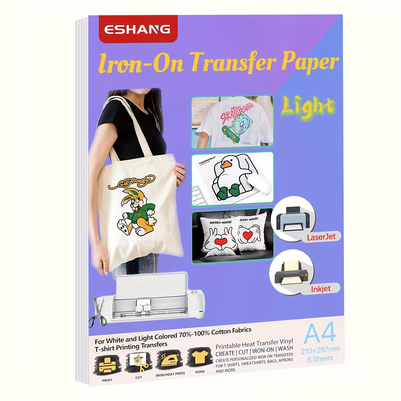 Commercial Fabric Printing Machine - กระดาษถ่ายโอนความร้อนขนาด A4 สำหรับผ้าสีอ่อน 5 แผ่น สำหรับไวนิลถ่ายโอนความร้อนแบบพิมพ์ได้สำหรับเครื่องพิมพ์อิงค์เจ็ทและเลเซอร์เจ็ทและงานวาดภาพ