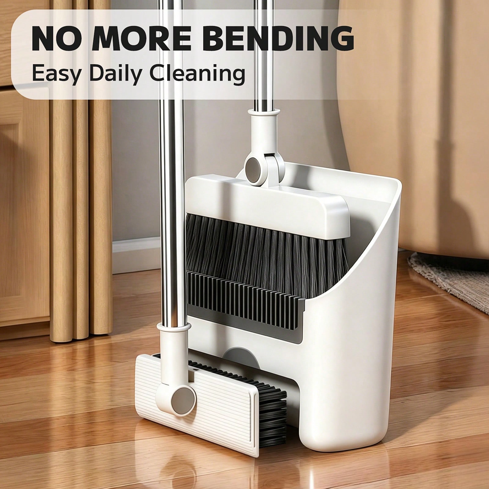Squeegee Holder Screen - ชุดไม้กวาด ที่ตักขยะ และที่ปาดน้ำ 3-in-1, ไม้กวาดพื้นด้ามยาวพร้อมหวี, อุปกรณ์ทำความสะอาดแบบตั้งพื้นประหยัดพื้นที่